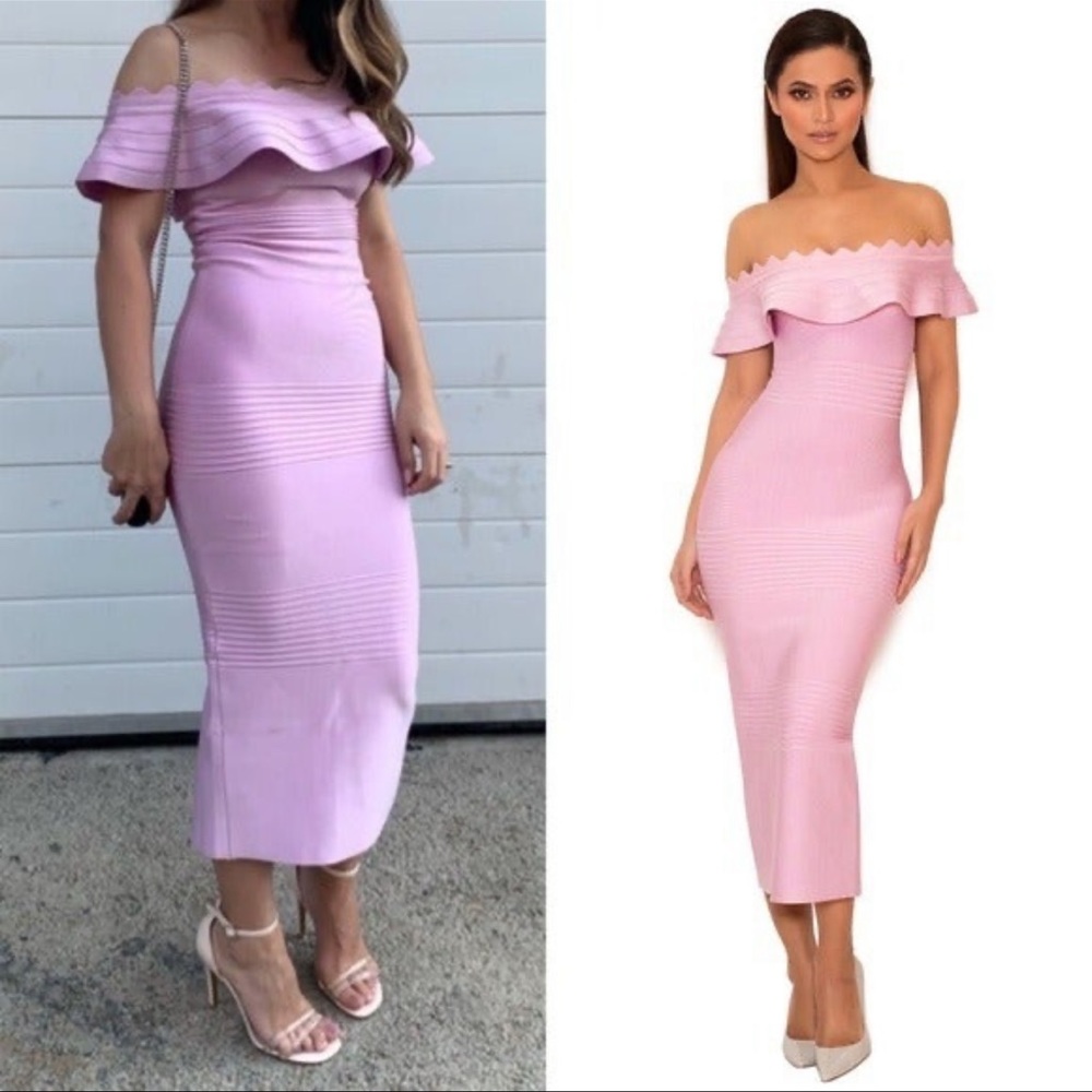 House of CB AMADEA Lilac Fluted Off Shoulder Midi Bandage Dress Large